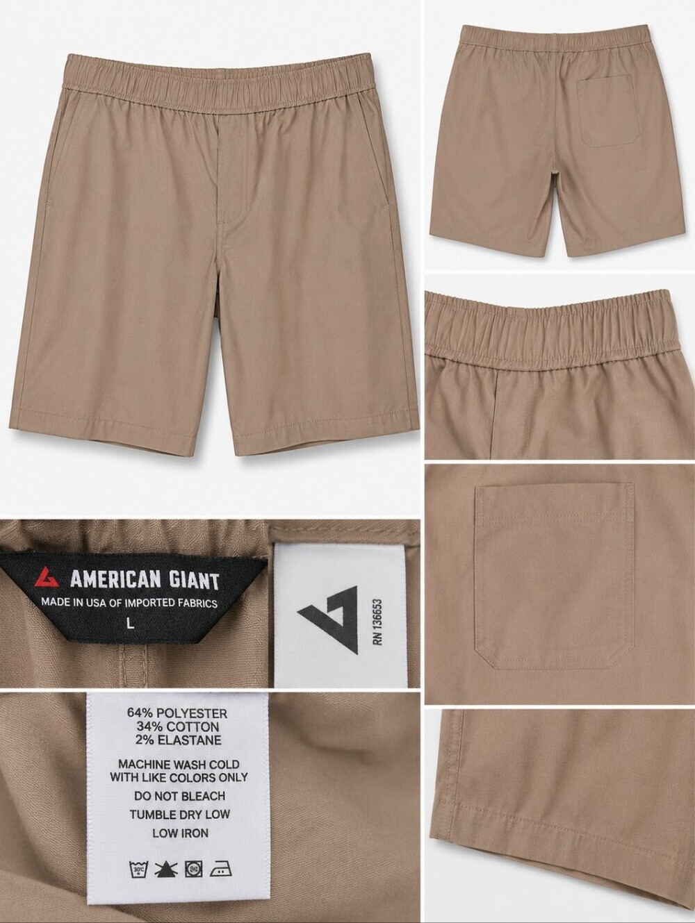 American Giant Men's Khaki Elastic Waist Shorts Size Large Made in USA Stretch